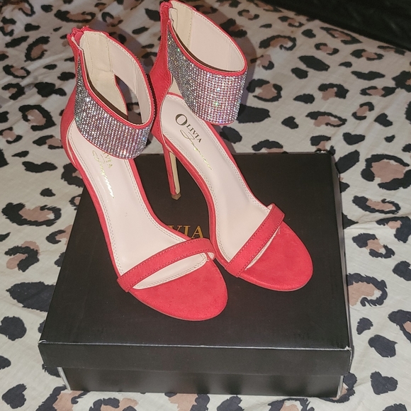 Cleo Red Suede Stiletto w/rhinestone strap. - Picture 3 of 6